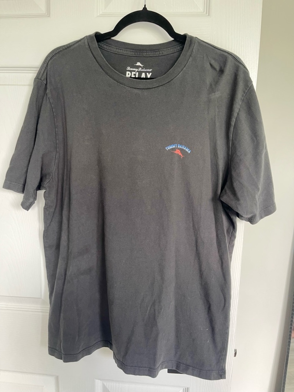 Tommy Bahama Short-Sleeve Crewneck Tee in Charcoal with Blue & Red Logo